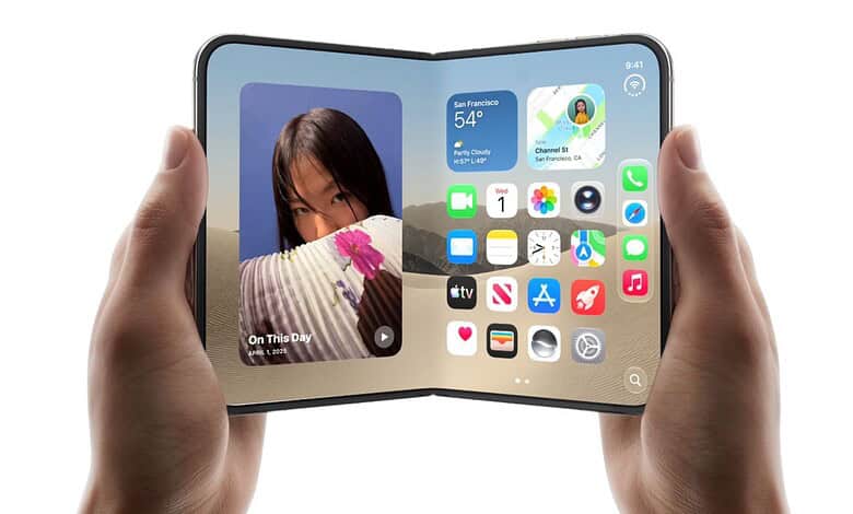 Foldable iPhone with a 7.6-inch screen and Touch ID displayed in a person's hands.