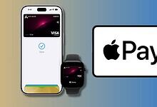 Apple Pay logo with iPhone and Apple Watch displaying a credit card.