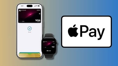 Apple Pay logo with iPhone and Apple Watch displaying a credit card.