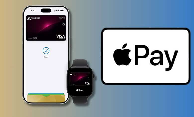 Apple Pay logo with iPhone and Apple Watch displaying a credit card.