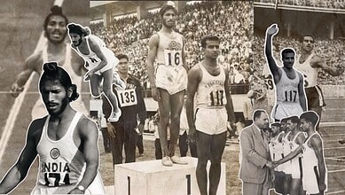 Indian athletes at a track and field event, with one on the podium and others preparing for the race.