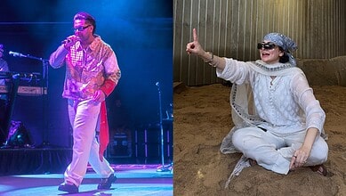 Asim Azhar performing on stage and a woman sitting on the ground with a bandana and sunglasses.