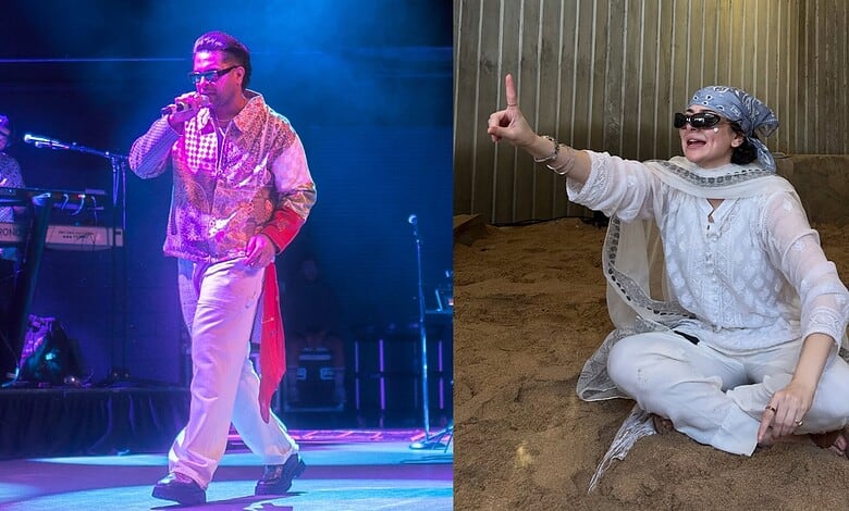 Asim Azhar performing on stage and a woman sitting on the ground with a bandana and sunglasses.