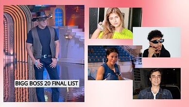 Group of Bigg Boss 20 contestants with a final list banner, diverse in appearance.
