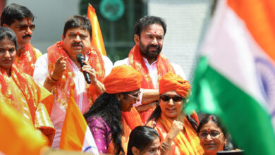 Union Coal and Mines Minister G Kishan Reddy looks on as Telangana BJP President N Ramchander Rao addresses the 'Mahila Shakti Scooty Rally' by party Mahila Morcha on Telangana Liberation Day, at Charminar, in Hyderabad, Tuesday, Sept. 15, 2026.