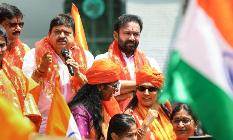 Union Coal and Mines Minister G Kishan Reddy looks on as Telangana BJP President N Ramchander Rao addresses the 'Mahila Shakti Scooty Rally' by party Mahila Morcha on Telangana Liberation Day, at Charminar, in Hyderabad, Tuesday, Sept. 15, 2026.