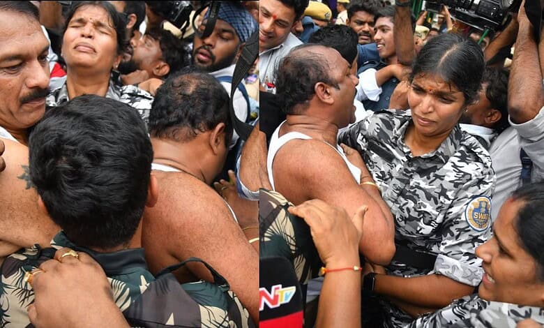 Congress MLAs clash with women police officers during protest in Hyderabad.