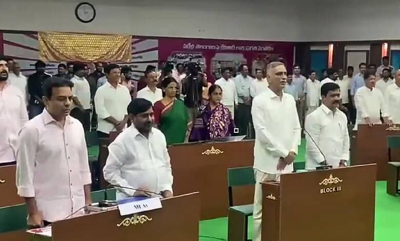 Politicians and officials stand during a formal event in a conference hall with green carpet.