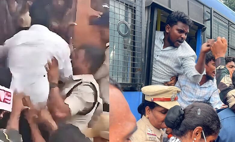 Protesters and police clash near the Assembly building in Hyderabad.