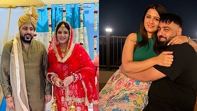 Happy couple celebrating a traditional Indian wedding with vibrant attire and joyful expressions.