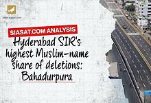 Aerial view of a city road with buildings and traffic, highlighting Hyderabad SIR's Muslim-name share.