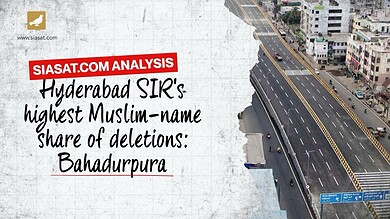 Aerial view of a city road with buildings and traffic, highlighting Hyderabad SIR's Muslim-name share.
