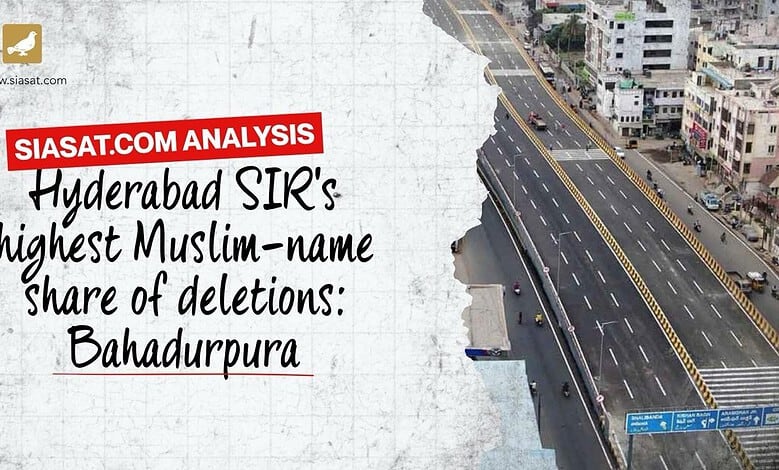 Aerial view of a city road with buildings and traffic, highlighting Hyderabad SIR's Muslim-name share.