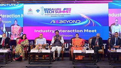 Industry leaders participate in a panel discussion at Bengaluru Tech Summit 2023.
