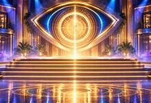 The stage features a large eye-shaped LED display with vibrant gold and blue lighting effects.