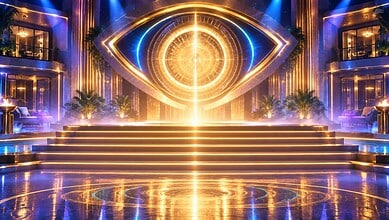 The stage features a large eye-shaped LED display with vibrant gold and blue lighting effects.
