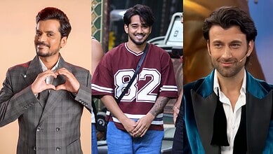 Three male contestants from Bigg Boss 20 smiling and posing for the camera.