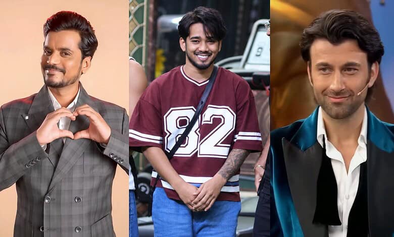 Three male contestants from Bigg Boss 20 smiling and posing for the camera.