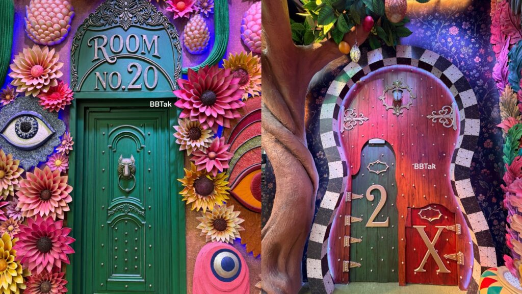 Colourful doors in Bigg Boss 20 house with floral and whimsical decorations.