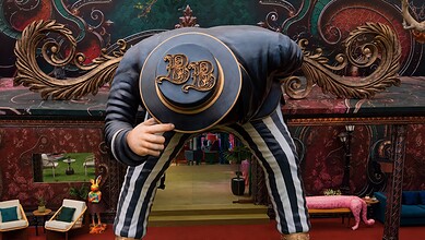 Person in Bigg Boss 20 house wearing a hat and striped pants, bowing down.