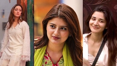 Three women with different expressions, one looking serious, one smiling, and one with a neutral face.