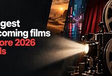 Film projector projecting light in a dark room with a cityscape and sunset in the background.