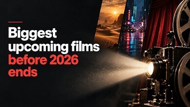 Film projector projecting light in a dark room with a cityscape and sunset in the background.