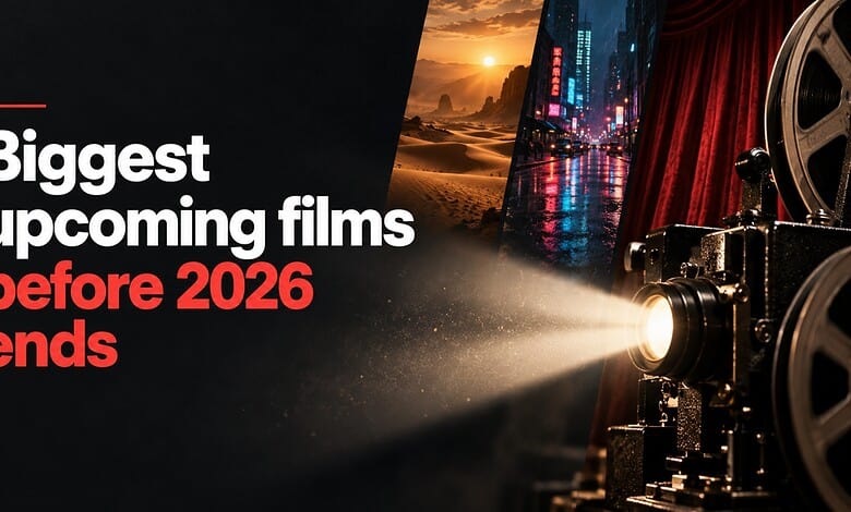 Film projector projecting light in a dark room with a cityscape and sunset in the background.