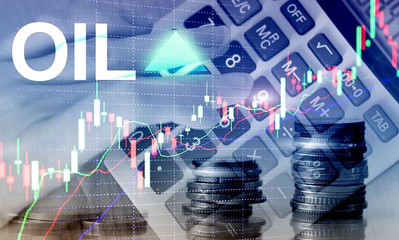 Oil price charts with stacks of coins and financial data in the background.