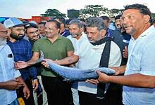 CM D K Shivakumar visits Mangaluru fishing harbour, inspecting fish and talking to fishermen.