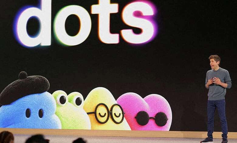 A presenter discusses Dots AI agents with a colourful animated display behind him.