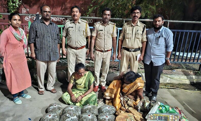 Police officers and women with seized ganja in Hyderabad, India.