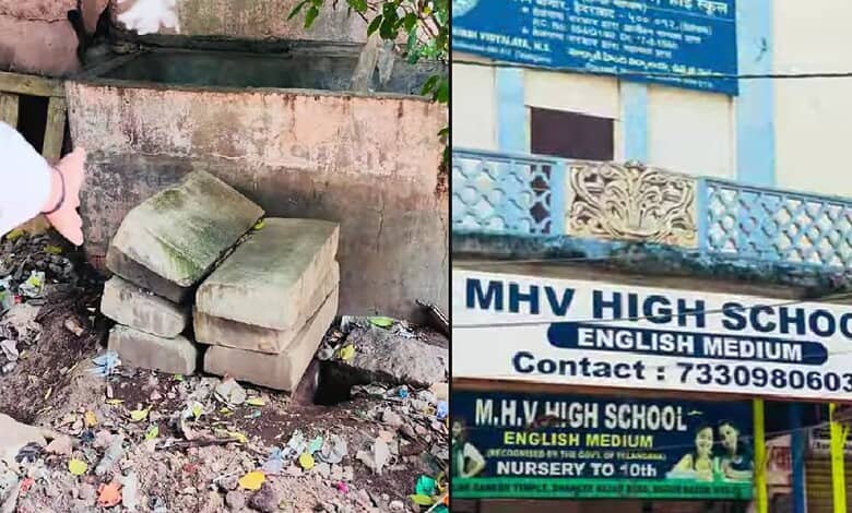 Damaged concrete benches outside a school with debris and fallen leaves around.