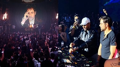 Emraan Hashmi DJing at Hyderabad event with crowd and large screen behind him.