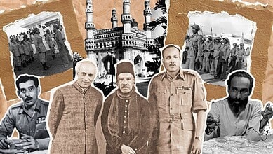 Historical black and white photos with leaders and a mosque, representing cultural heritage.