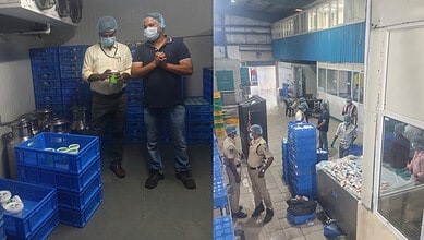 Inspectors and staff at Sapthagiri Foods during hygiene inspection in Hyderabad.