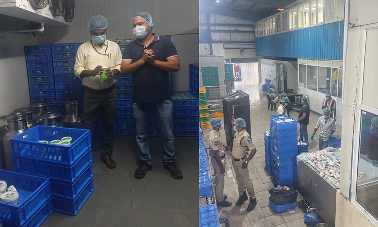 Inspectors and staff at Sapthagiri Foods during hygiene inspection in Hyderabad.