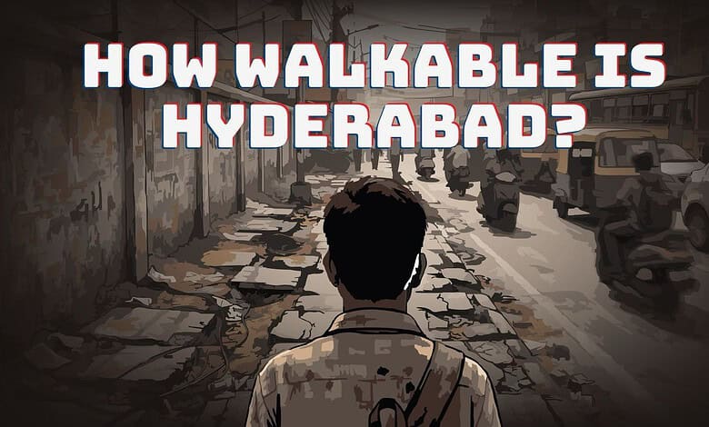 Pedestrian walking on a damaged sidewalk in Hyderabad, highlighting walkability issues.