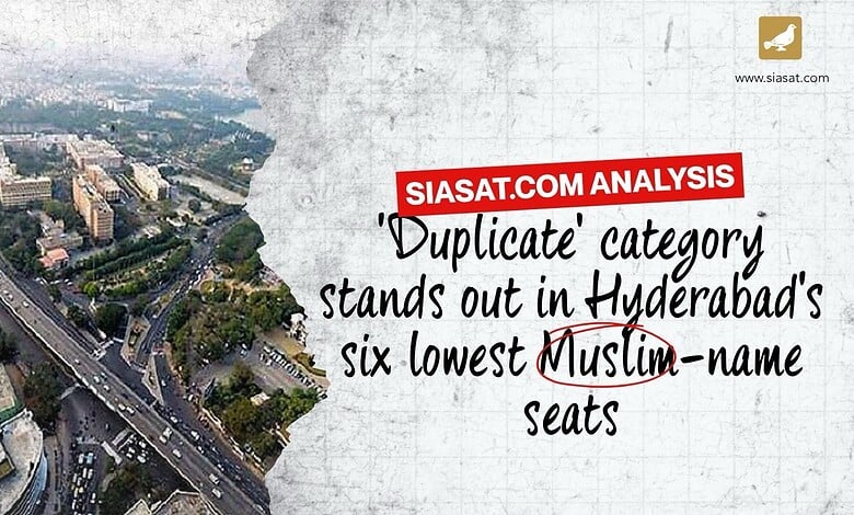 Aerial view of Hyderabad city with roads and buildings, highlighting low Muslim-name seats.