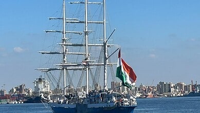 The INS Sudarshini sailing ship docked at Alexandria port after a port call in Egypt.