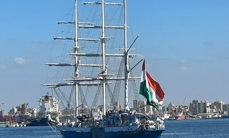 The INS Sudarshini sailing ship docked at Alexandria port after a port call in Egypt.