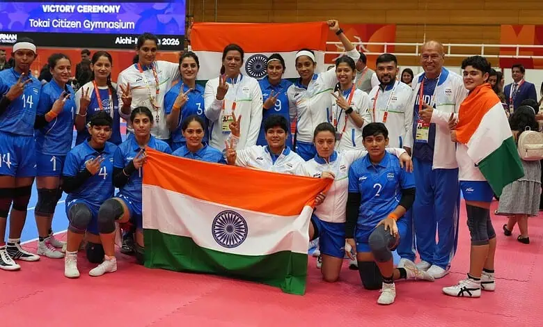 Indian women's kabaddi team celebrating their gold medal victory at the Asian Games.
