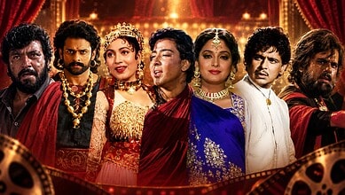 Cast of the 1975 Indian film with elaborate costumes and vibrant stage background.