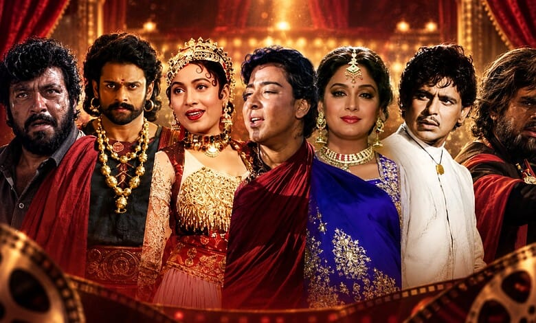 Cast of the 1975 Indian film with elaborate costumes and vibrant stage background.