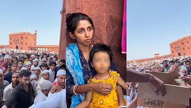 People donate outside Jama Masjid for the treatment of the woman's daughter suffering from SMA Type 1.