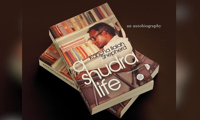 Book cover of 'Shudra Life' by Kancha Ilaiah Shepherd with a man reading.