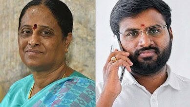 Konda Surekha and an ex-OSD in a split image, woman on the left, man on the right, both with traditional,.