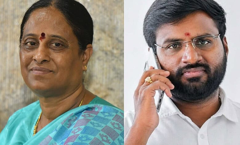 Konda Surekha and an ex-OSD in a split image, woman on the left, man on the right, both with traditional,.