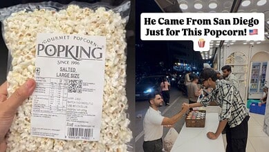 Large bag of salted popcorn from PopKing with a receipt, and a man buying popcorn from a street vendor at.