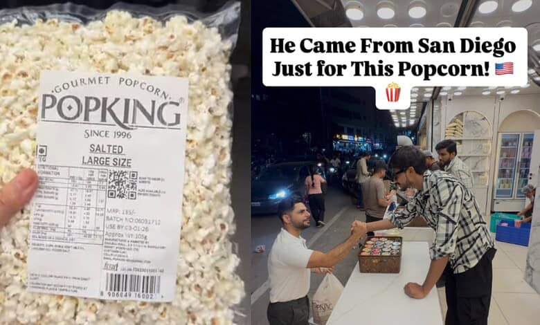 Large bag of salted popcorn from PopKing with a receipt, and a man buying popcorn from a street vendor at.